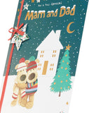 Mam and Dad Christmas Greeting Card – Cute Boofles Outside the House Festive Design