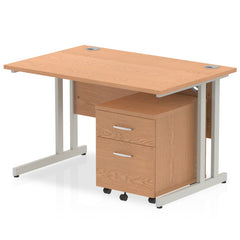 Impulse Cantilever Straight Office Desk W1200 x D800 x H730mm Oak Finish Silver Frame With 2 Drawer Mobile Pedestal - MI000966 DD