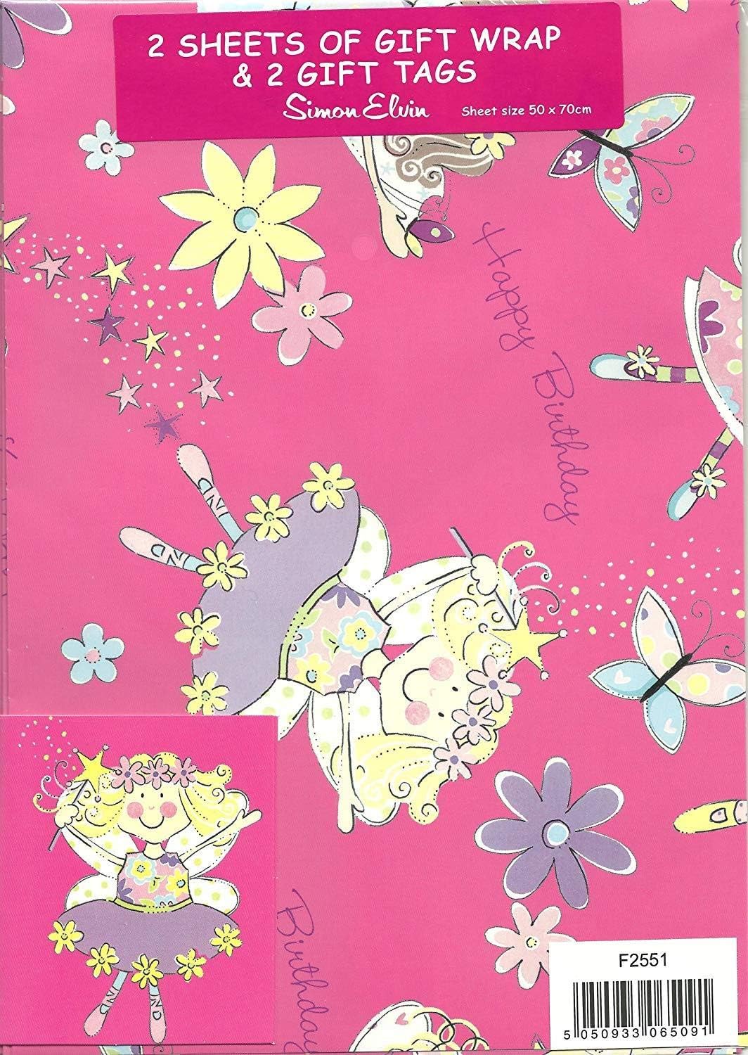 BGC ballet dancing fairies and flowers gift wrap with matching gift tags, featuring colorful fairy and floral designs.