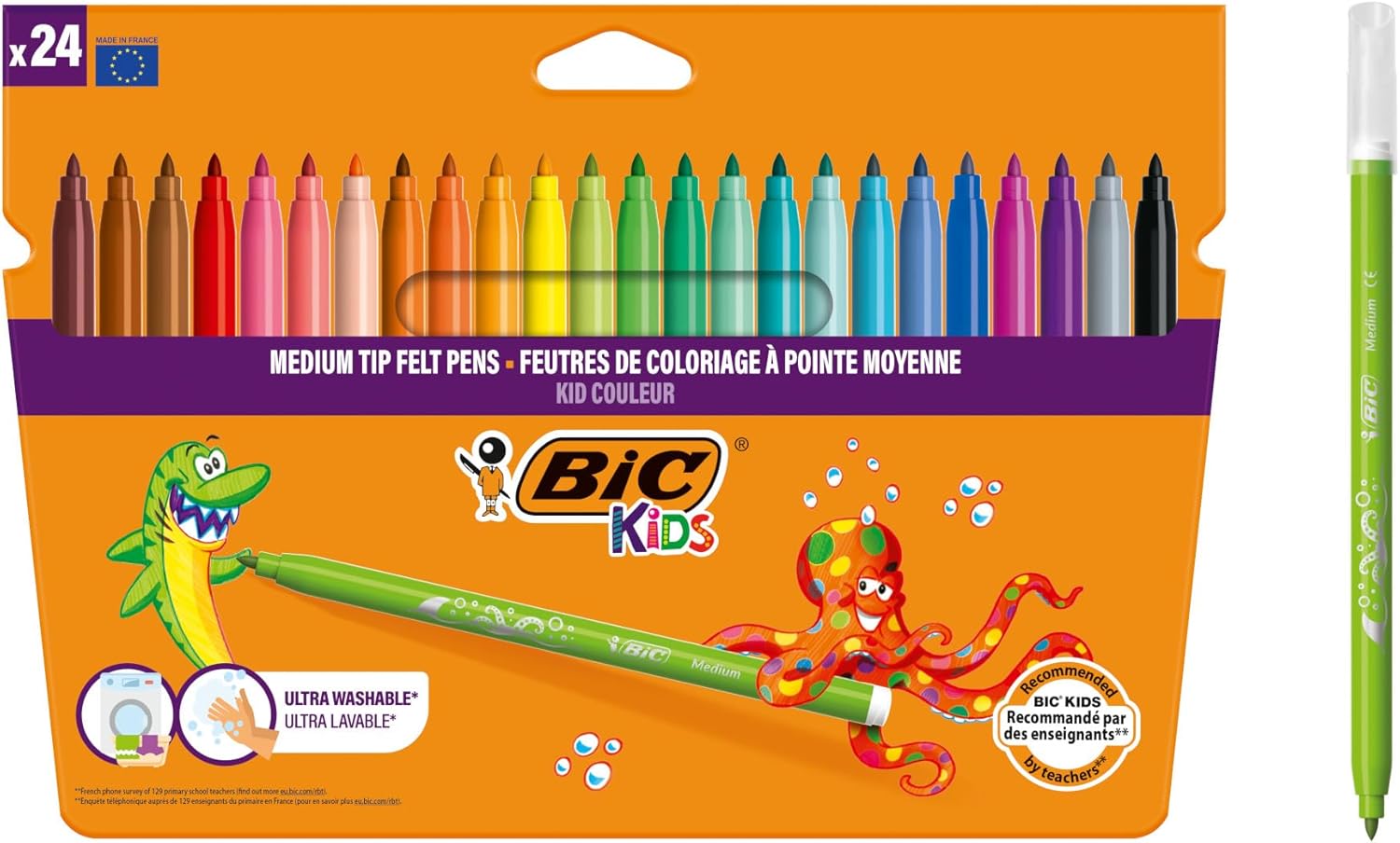 BIC Kids Couleur felt tip colouring pens in assorted colors, pack of 24, ideal for children's art and craft projects.