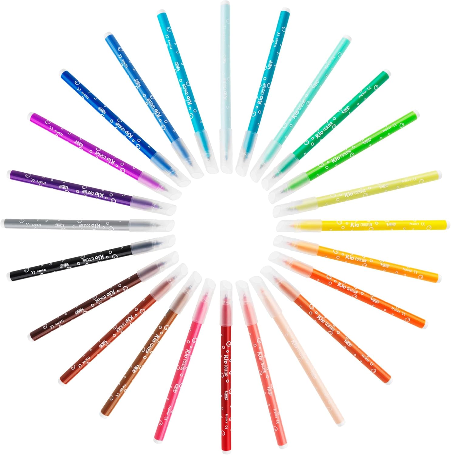BIC Kids Couleur felt tip colouring pens in assorted colors, 24-pack of art and craft supplies for children's coloring projects.