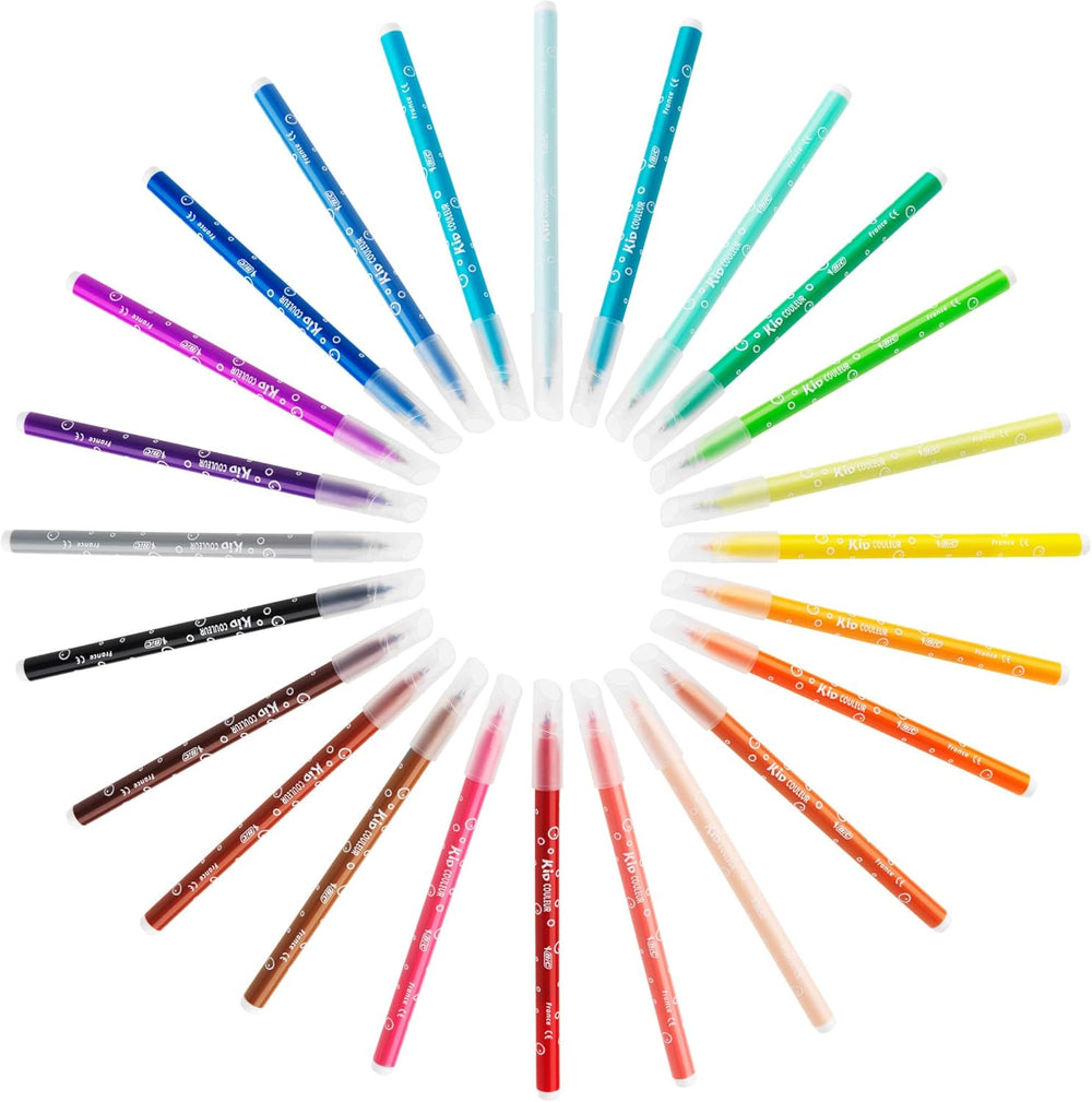 BIC Kids Couleur felt tip colouring pens in assorted colors, 24-pack of art and craft supplies for children's coloring projects.
