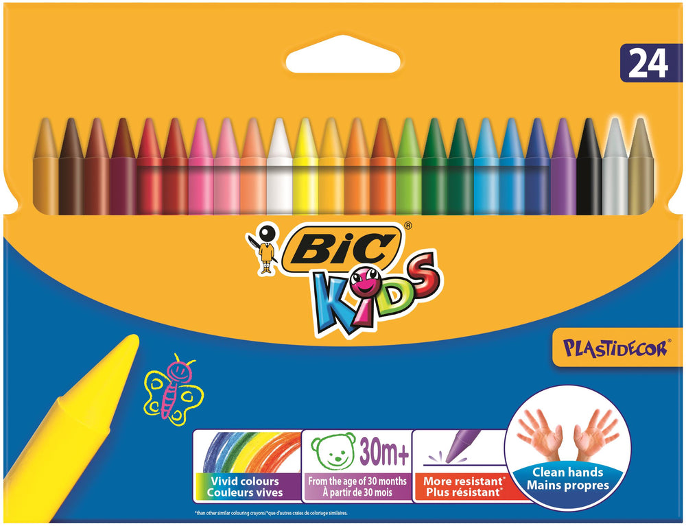 Assorted BIC Kids Plastidecor crayons in a 24-pack for children's coloring and art projects. Bright, vibrant colors for young artists.