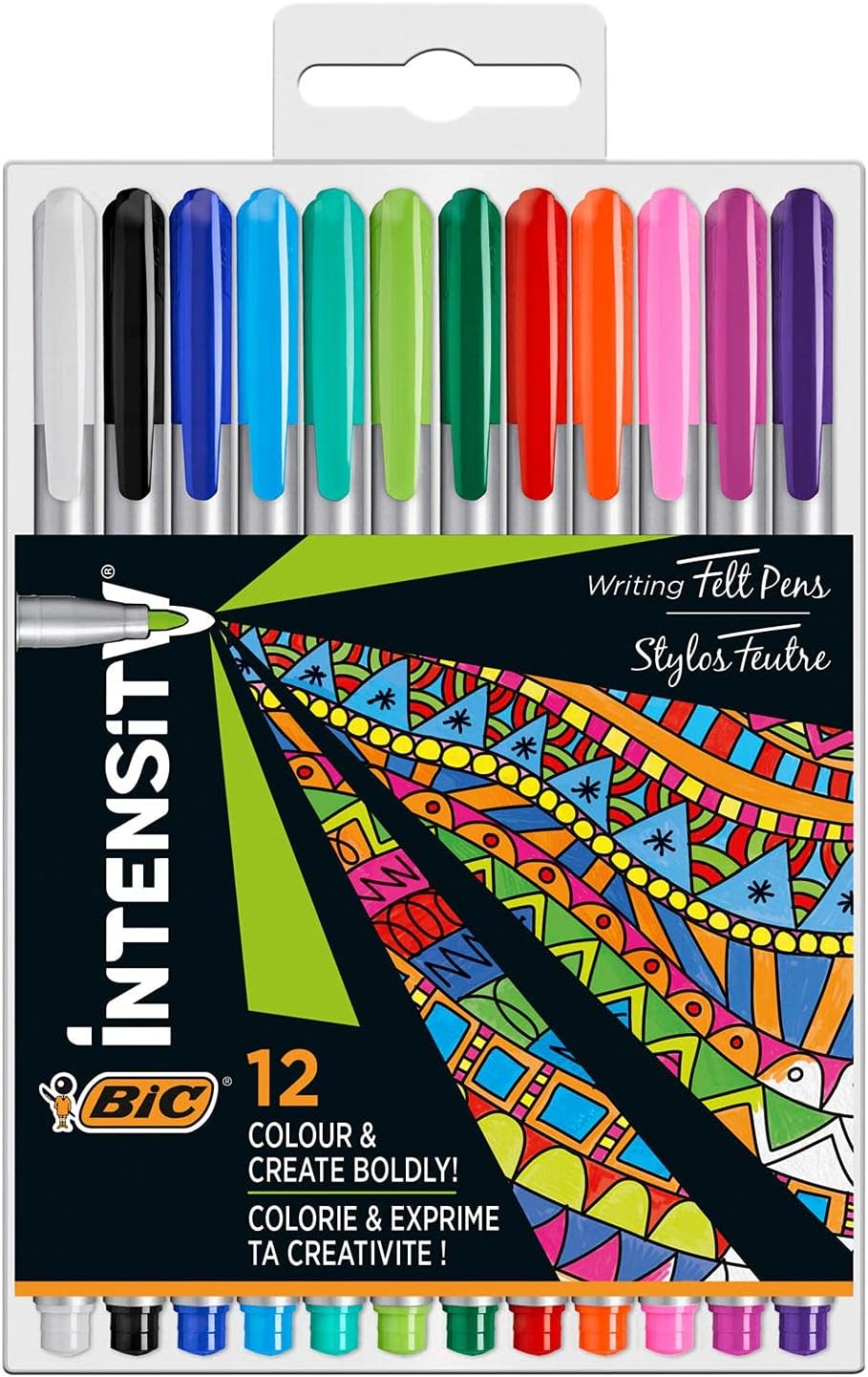 BIC Intensity Medium Felt-Tip Pens in a box of 12, ideal for writing and artistic projects, featuring medium tips and vibrant ink.