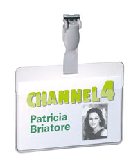 Durable Visitor Name Badge 60x90mm with Plastic Clip Includes Blank Insert Cards Transparent (Pack 25) - 814719