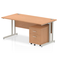 Impulse Cantilever Straight Office Desk W1600 x D800 x H730mm Oak Finish Silver Frame With 2 Drawer Mobile Pedestal - MI000968 DD