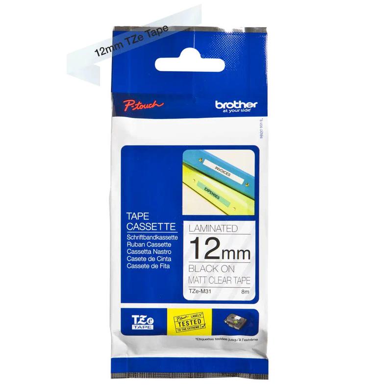 Brother Black on Matt Clear PTouch Ribbon 12mm x 8m - TZEM31