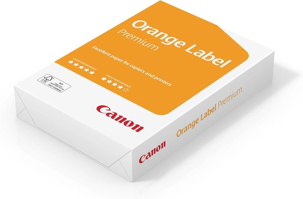 Canon Orange Label A4 printer paper, 75gsm, 500 sheets, ideal for office printing and high-quality document printing.
