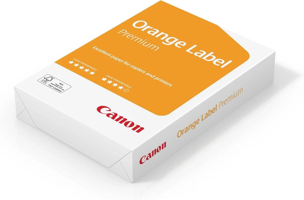 Canon Orange Label A4 printer paper, 75gsm, 500 sheets, ideal for office printing and high-quality document printing.