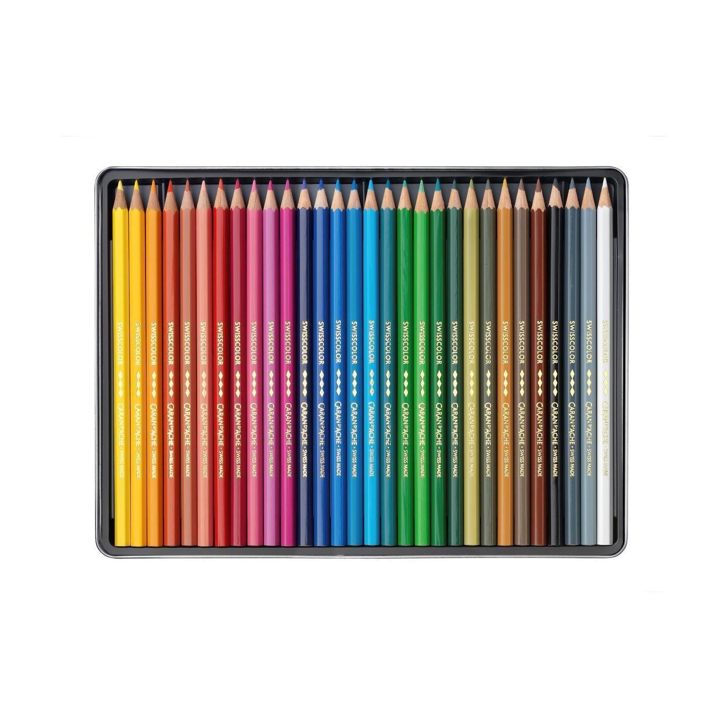 Box of 30 Caran d’Ache Swisscolor colour pencils in assorted shades, displayed in a neat art supplies collection.