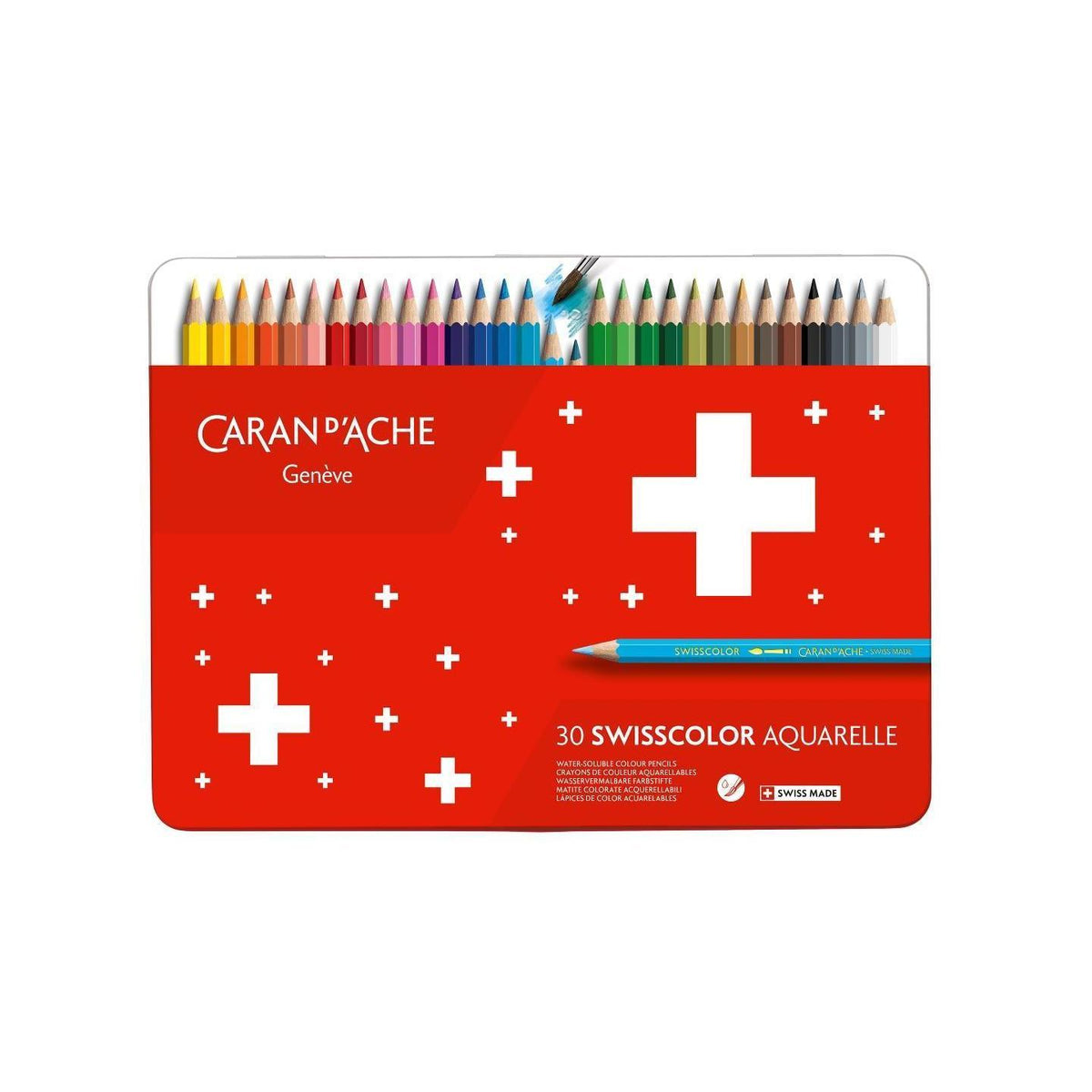 Box of 30 Caran d’Ache Swisscolor water-soluble colour pencils with vibrant pigments and color variety for artistic drawing.