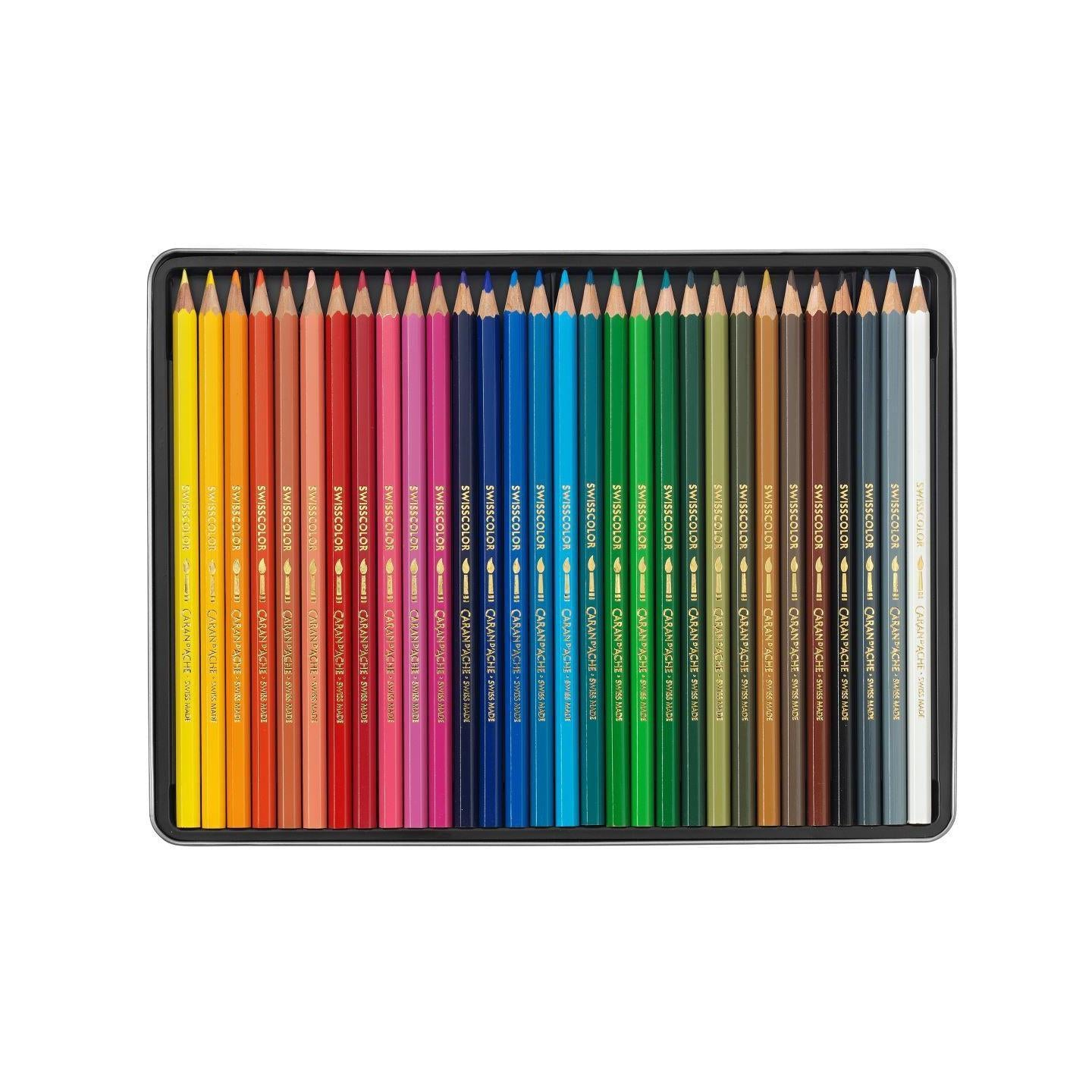 Set of 30 Caran d’Ache Swisscolor water-soluble colour pencils arranged in a box, featuring vibrant shades for artistic drawing.