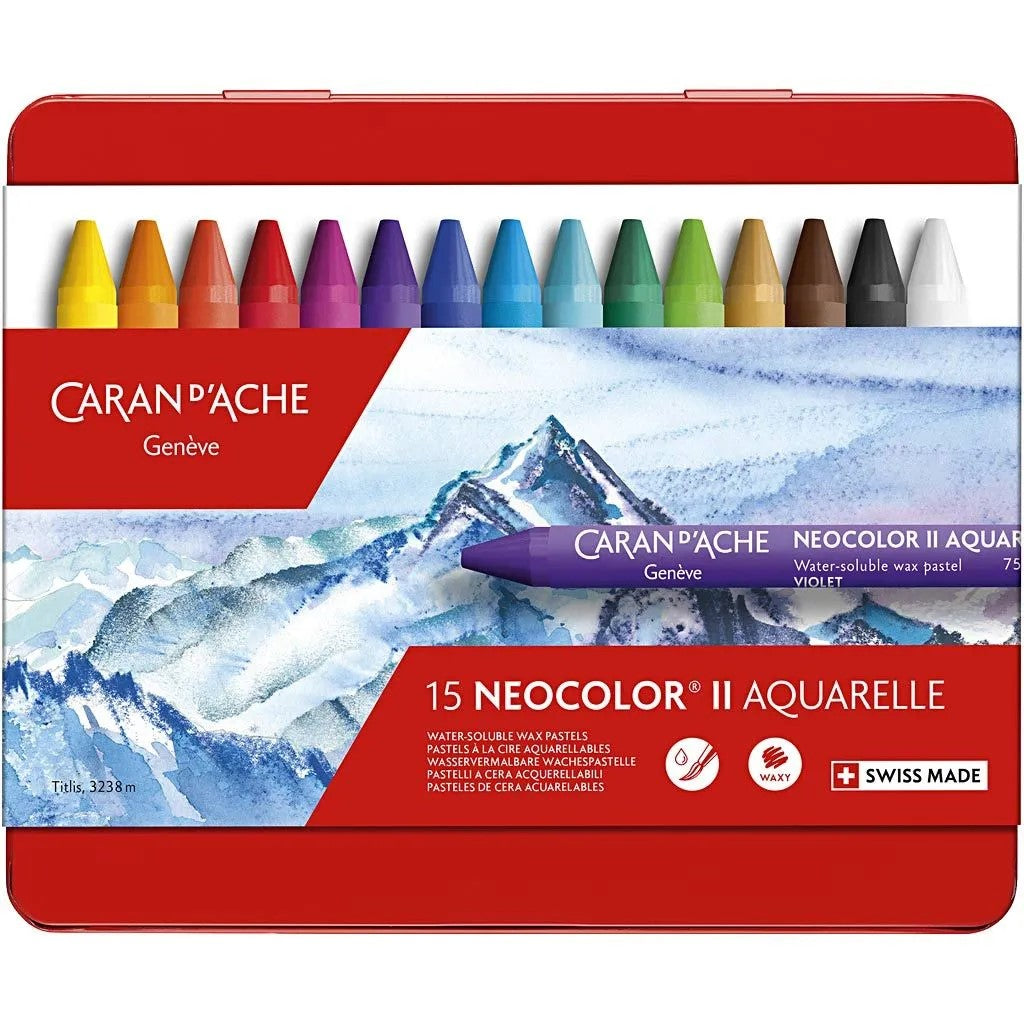Set of 15 Caran d'Ache Neocolor II watercolour crayons in a metal box, vibrant art supplies for watercolor drawing and mixed media.