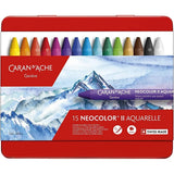 Set of 15 Caran d'Ache Neocolor II watercolour crayons in a metal box, vibrant art supplies for watercolor drawing and mixed media.