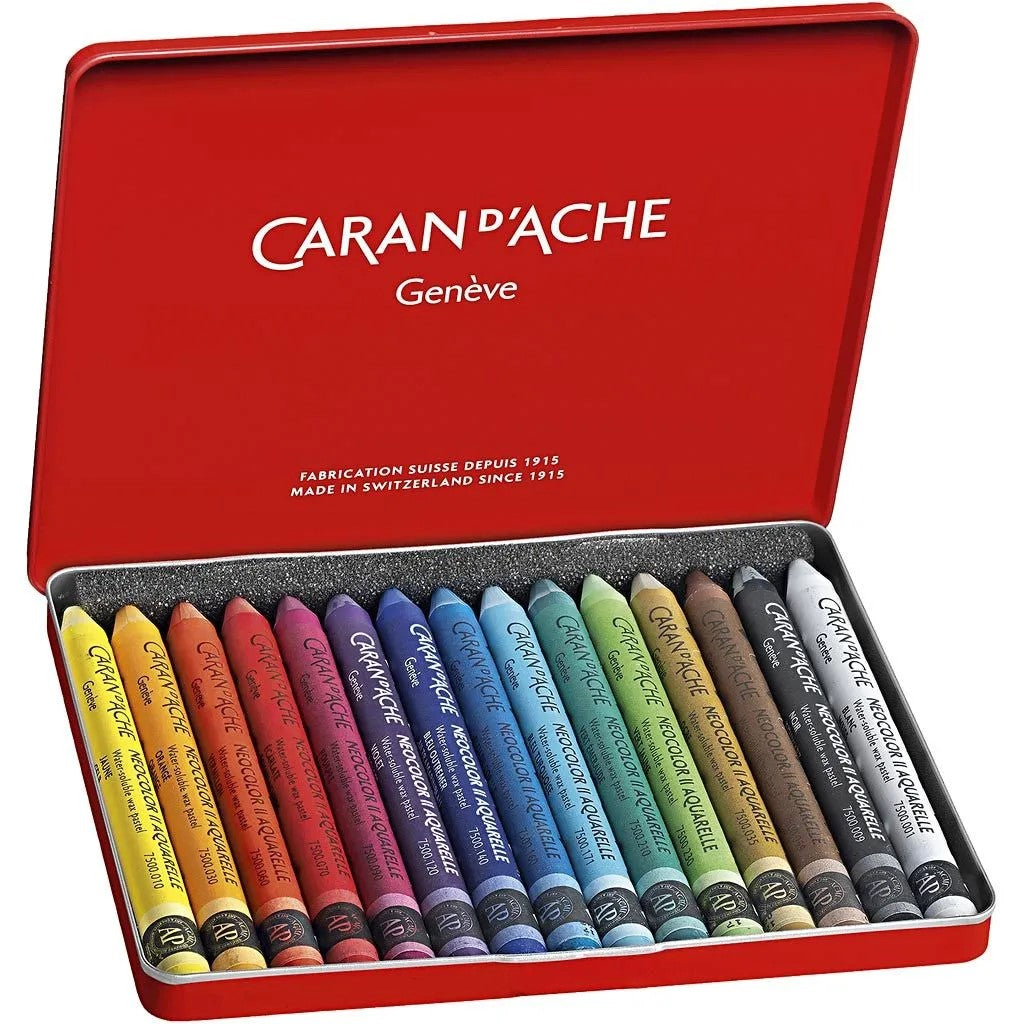 Caran d'Ache Neocolor II watercolour crayons set of 15 in metal box, vibrant artist watercolor crayons for drawing and mixed media.