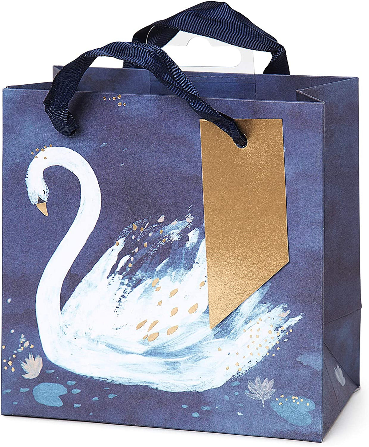 Carte Blanche Hotchpotch Swan Design Mini Gift Bag showing a white swan illustration on a colorful patterned background.
