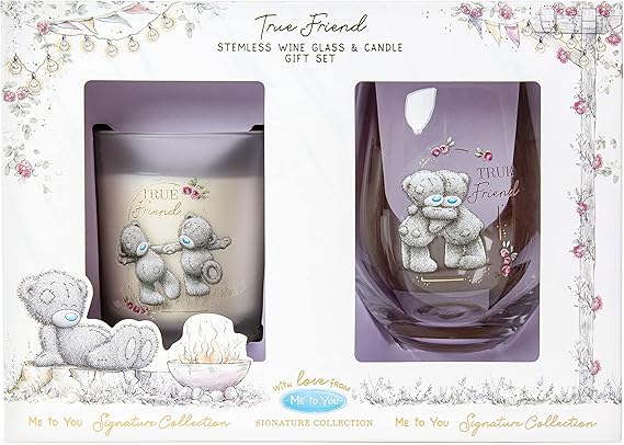 Carte Blanche Friend glass and candle gift set with a clear glass and a decorative candle, ideal for thoughtful gift-giving.