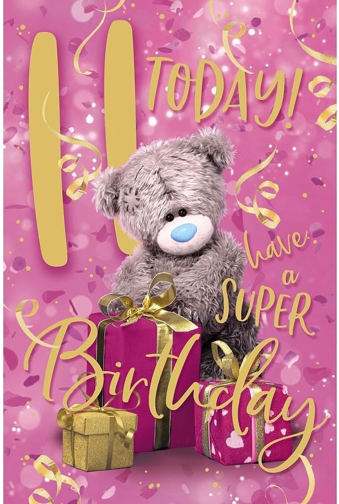 Carte Blanche 11th Birthday Bear greeting card featuring a cute bear opening a present, perfect for celebrating a special birthday.