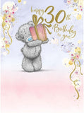 Carte Blanche 30th birthday bear greeting card showing a cute bear holding a gift, perfect for celebrating special occasions.