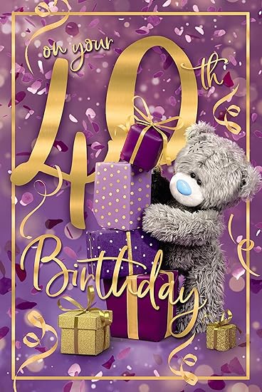 Carte Blanche 40th Bear greeting card featuring a cute bear with a stack of gifts for special celebrations.