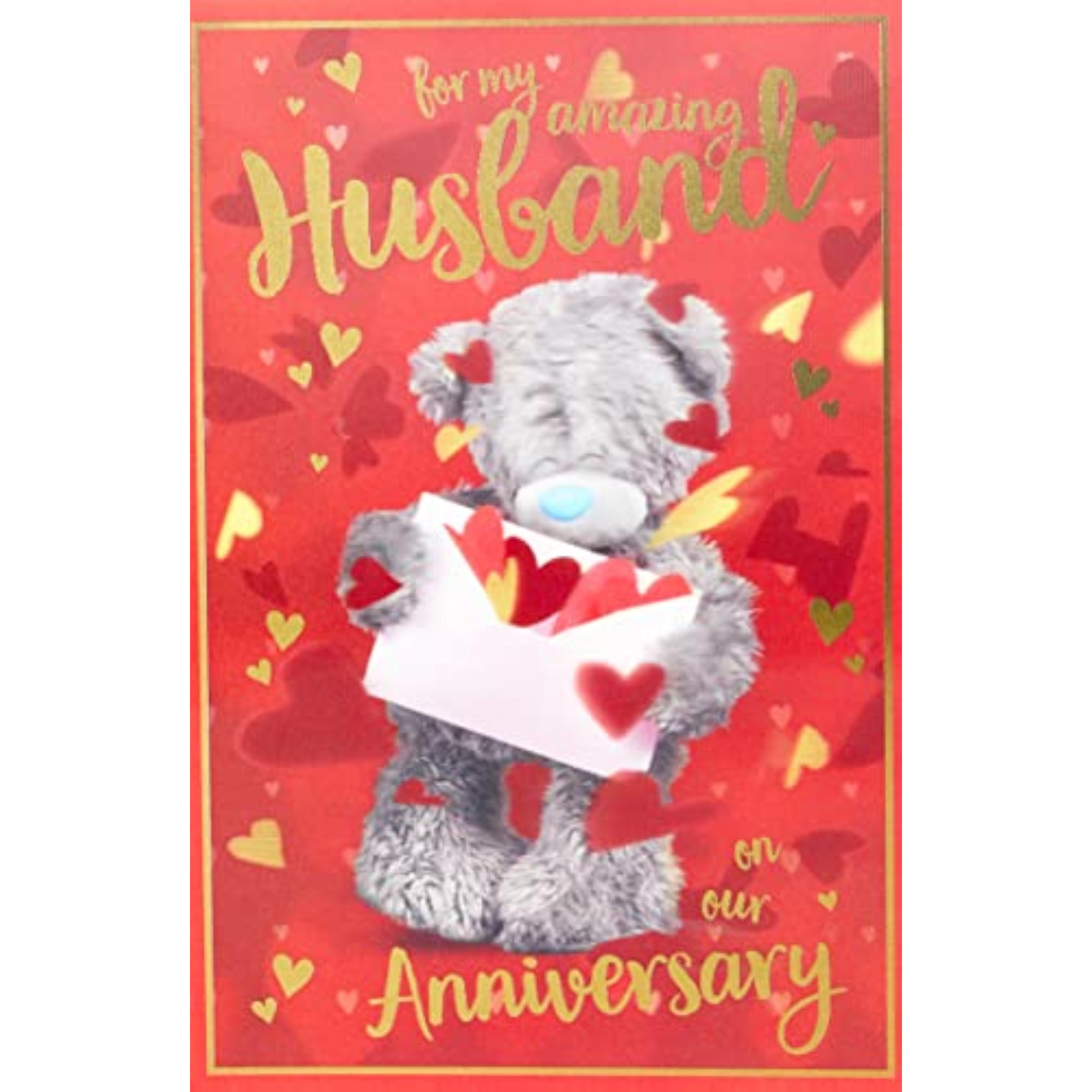 Carte Blanche Anniversary greeting card featuring a husband bear and envelope design, perfect for celebrating special occasions.
