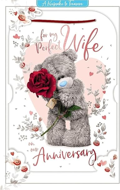 Carte Blanche Anniversary Wife Bear greeting card with a rose, featuring a cute bear design and heartfelt message for special occasions.