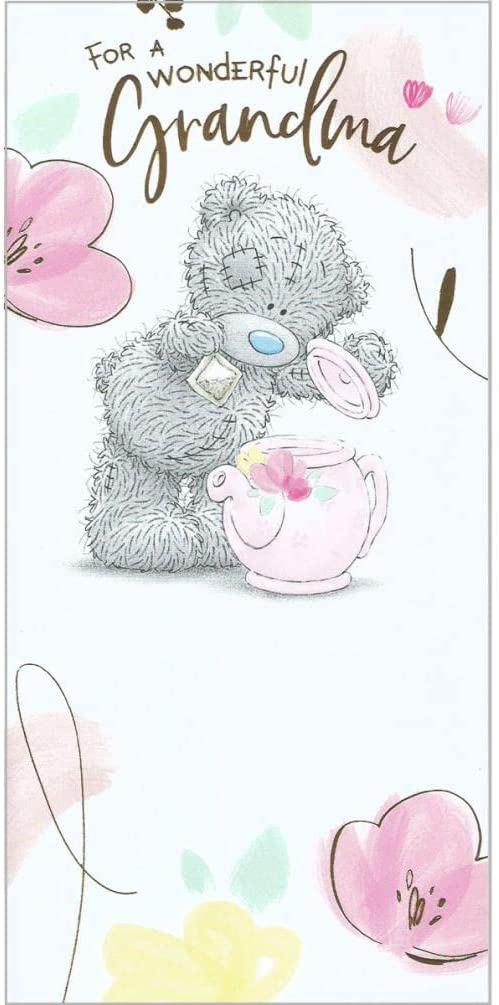 Carte Blanche Bear and Tea Pot greeting card showing a cute bear holding a teapot on a floral background.