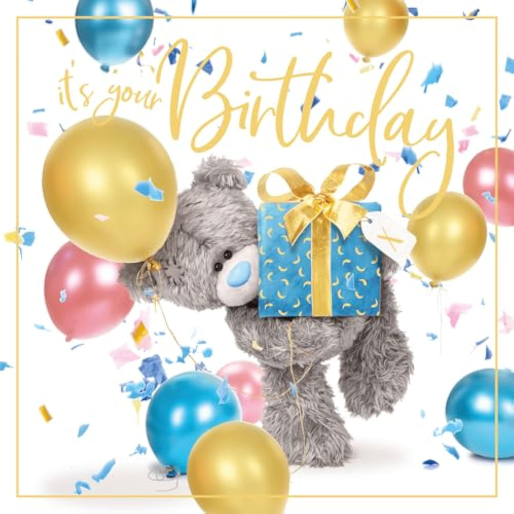 Carte Blanche greeting card featuring a bear holding a present, ideal for celebrating special occasions with charming artwork.
