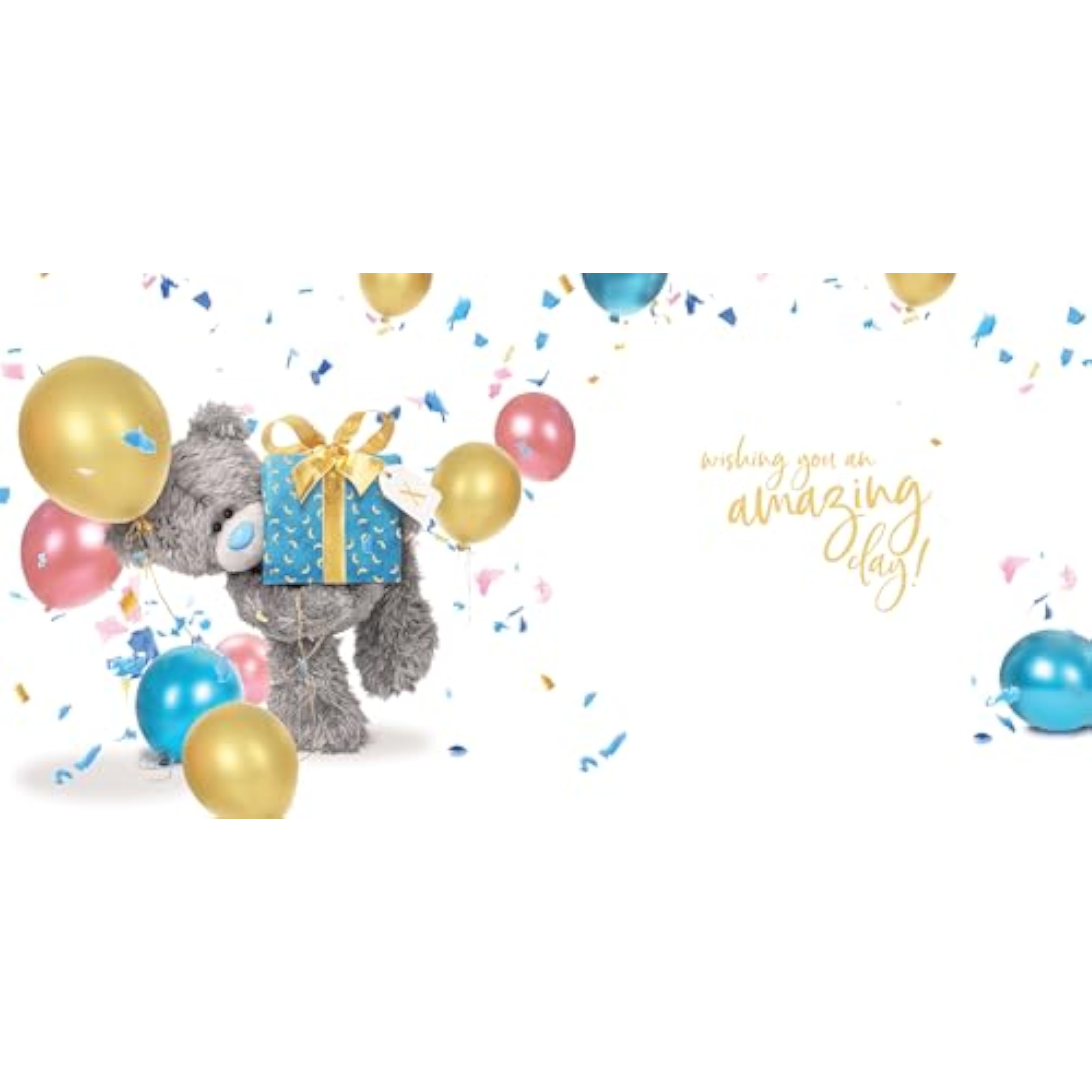 Carte Blanche greeting card featuring a cute bear holding a present, perfect for special occasions and celebrations.
