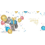 Carte Blanche greeting card featuring a cute bear holding a present, perfect for special occasions and celebrations.