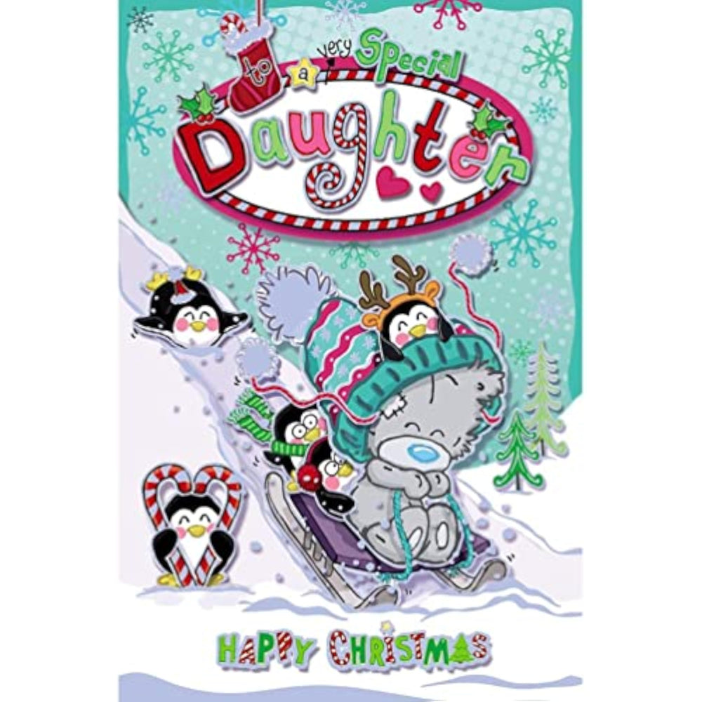 Carte Blanche Bear Sledging Daughter Christmas Card featuring a cute bear illustration for holiday greeting messages.
