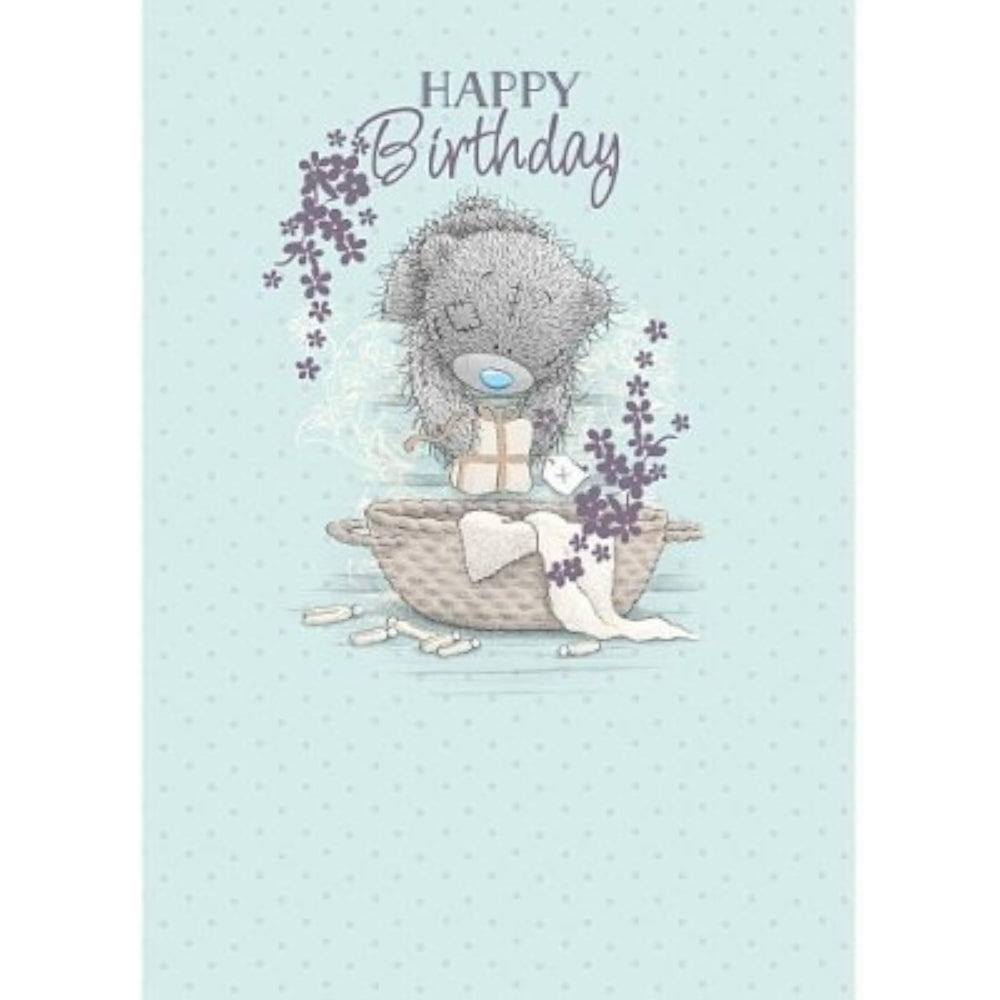 Carte Blanche birthday greeting card featuring a Tatty and clothes basket design, with cheerful and colorful illustrations.