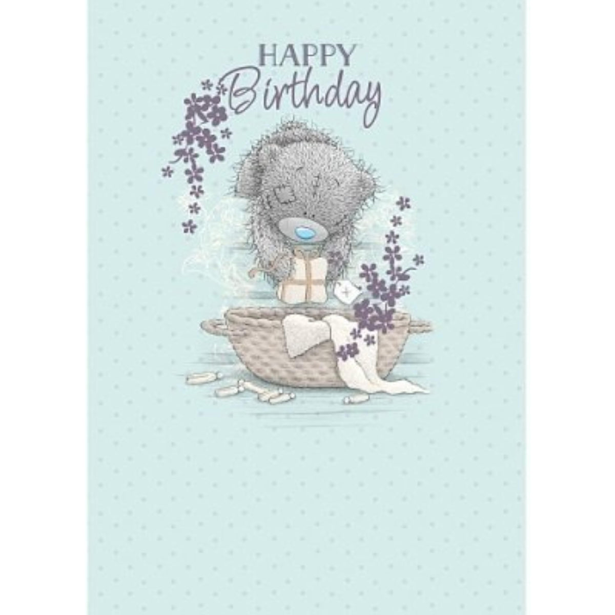 Carte Blanche birthday greeting card featuring a Tatty and clothes basket design, with cheerful and colorful illustrations.