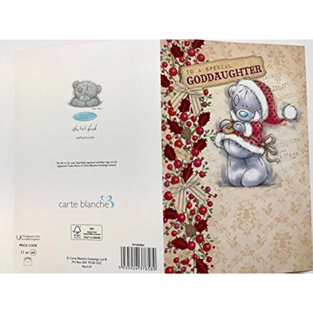 Carte Blanche Me to You Bear Christmas card with red foil and love message, designed for a goddaughter, featuring a cute bear illustration.