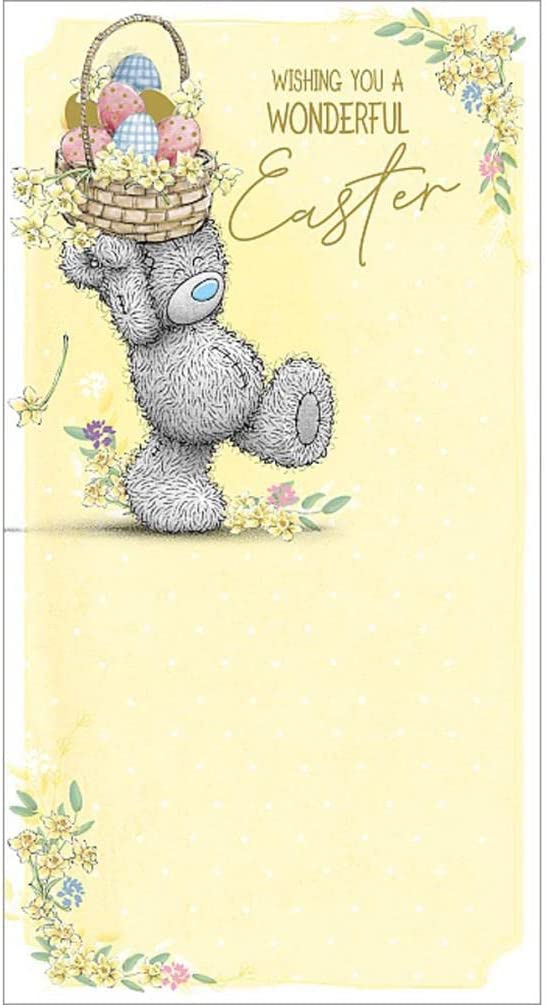 Carte Blanche greeting card featuring an open bear illustration holding a basket of eggs, perfect for cheerful messages.