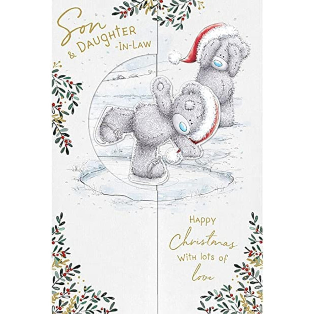 Carte Blanche greeting card featuring adorable bears skating, celebrating son and daughter-in-law with charming holiday or special occasion design.