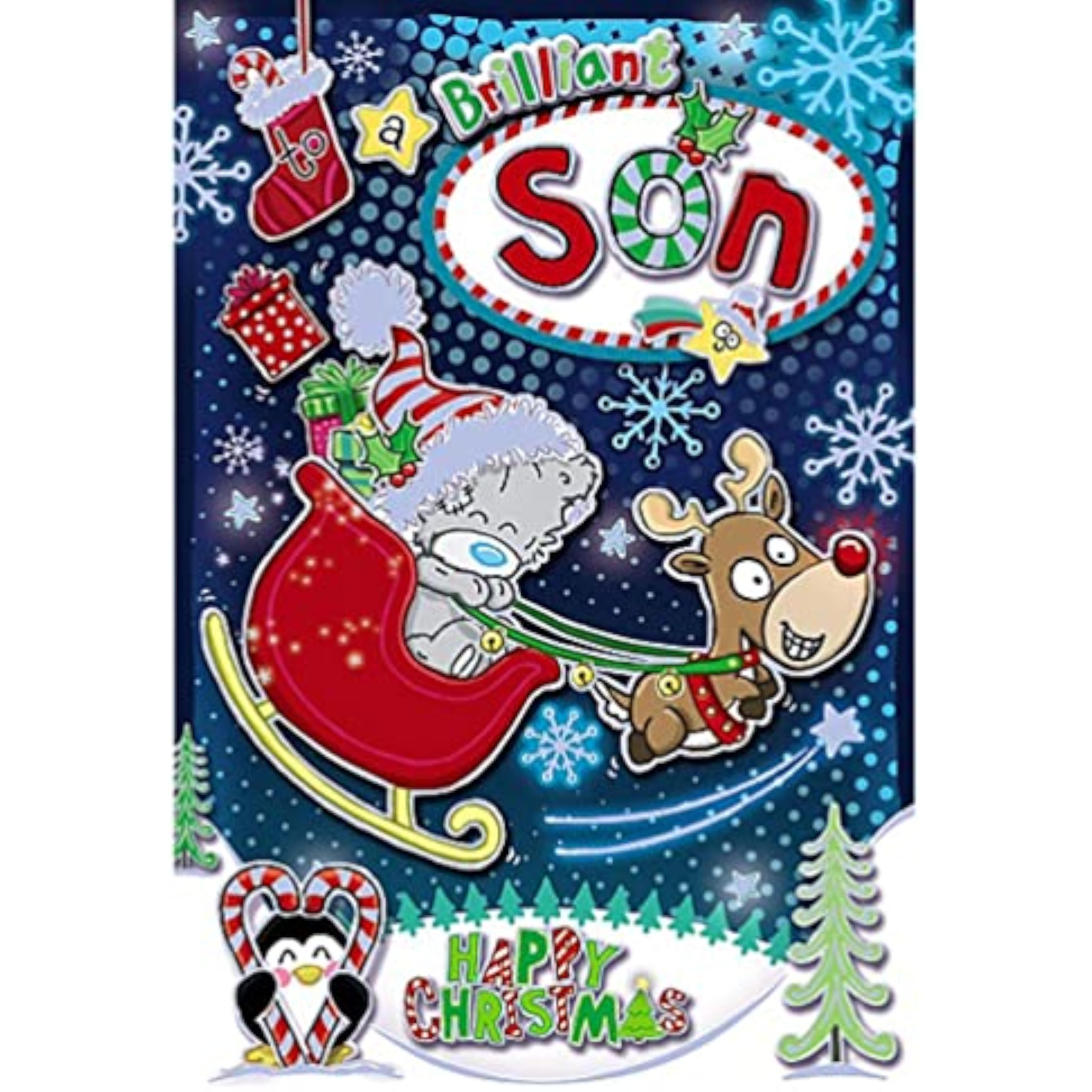 Carte Blanche Son Bear in Sleigh greeting card featuring a cute bear riding a sleigh, perfect for holiday or seasonal celebrations.