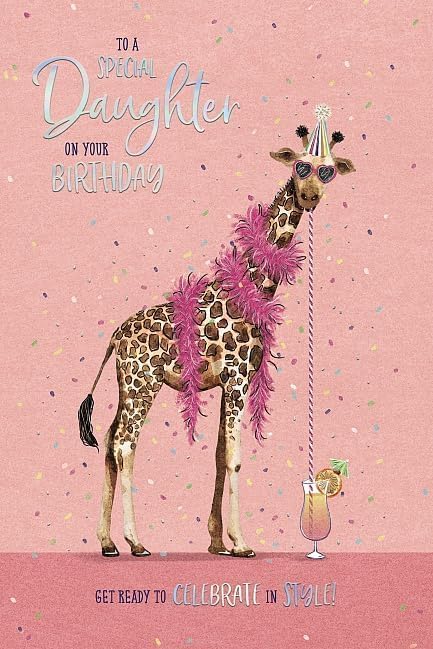 Carte Blanche special daughter birthday card featuring a party giraffe sipping a cocktail with shiny foil details.