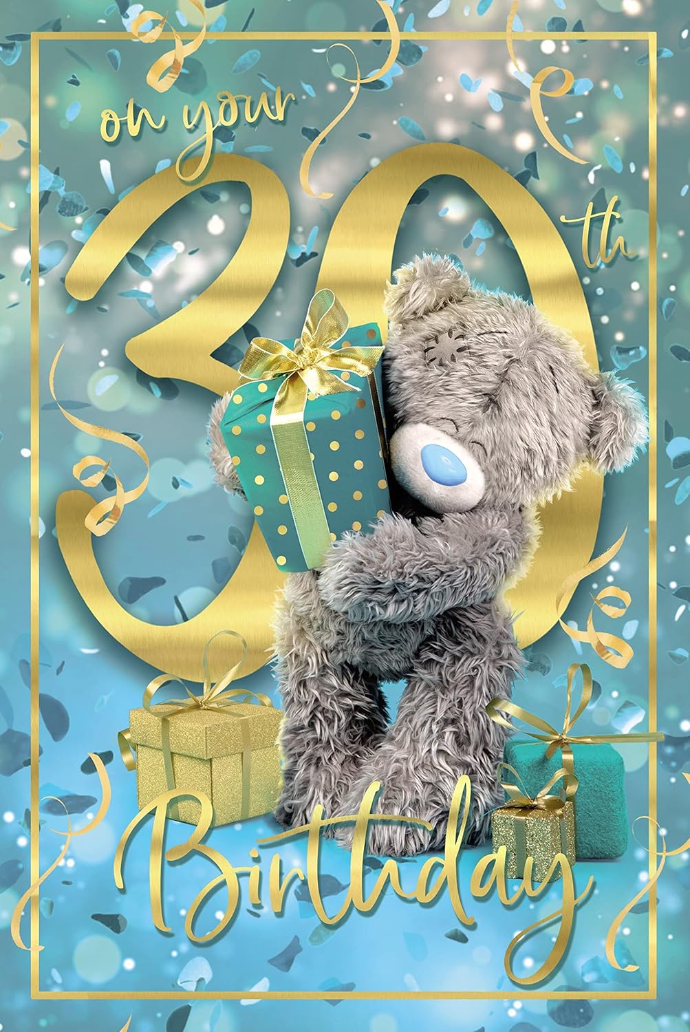 Carte Blanche Teddy 30th Bear greeting card featuring a cute bear holding a gift, perfect for celebrating special occasions.