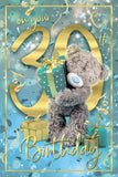 Carte Blanche Teddy 30th Bear greeting card featuring a cute bear holding a gift, perfect for celebrating special occasions.