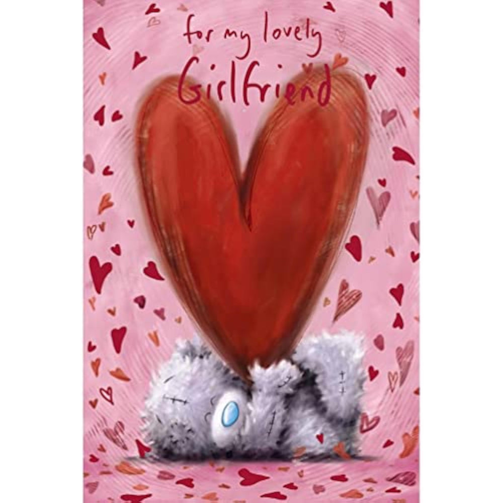 Carte Blanche Valentine greeting card featuring a bear lying down with a heart and message for a girlfriend.
