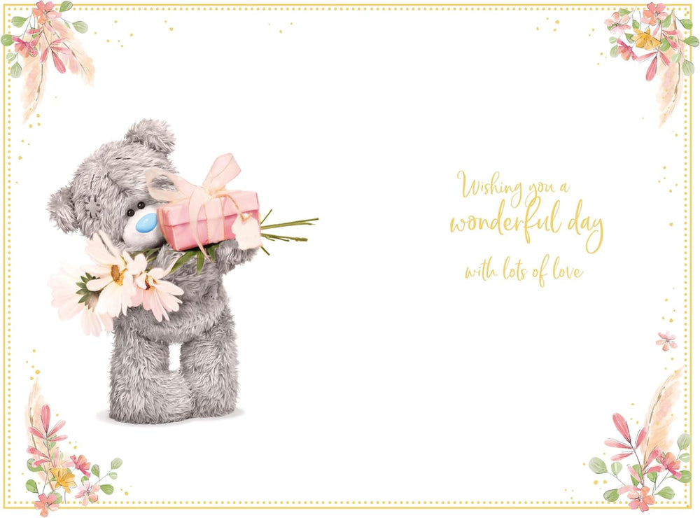 Carte Blanche Me to You Tatty Teddy Bear holding flowers on birthday greeting card, 6x9 inches, with colorful floral design.