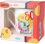 White ceramic Me To You Bear 50th Birthday mug by Carte Blanche, boxed with a printed design, perfect for celebrating a milestone.