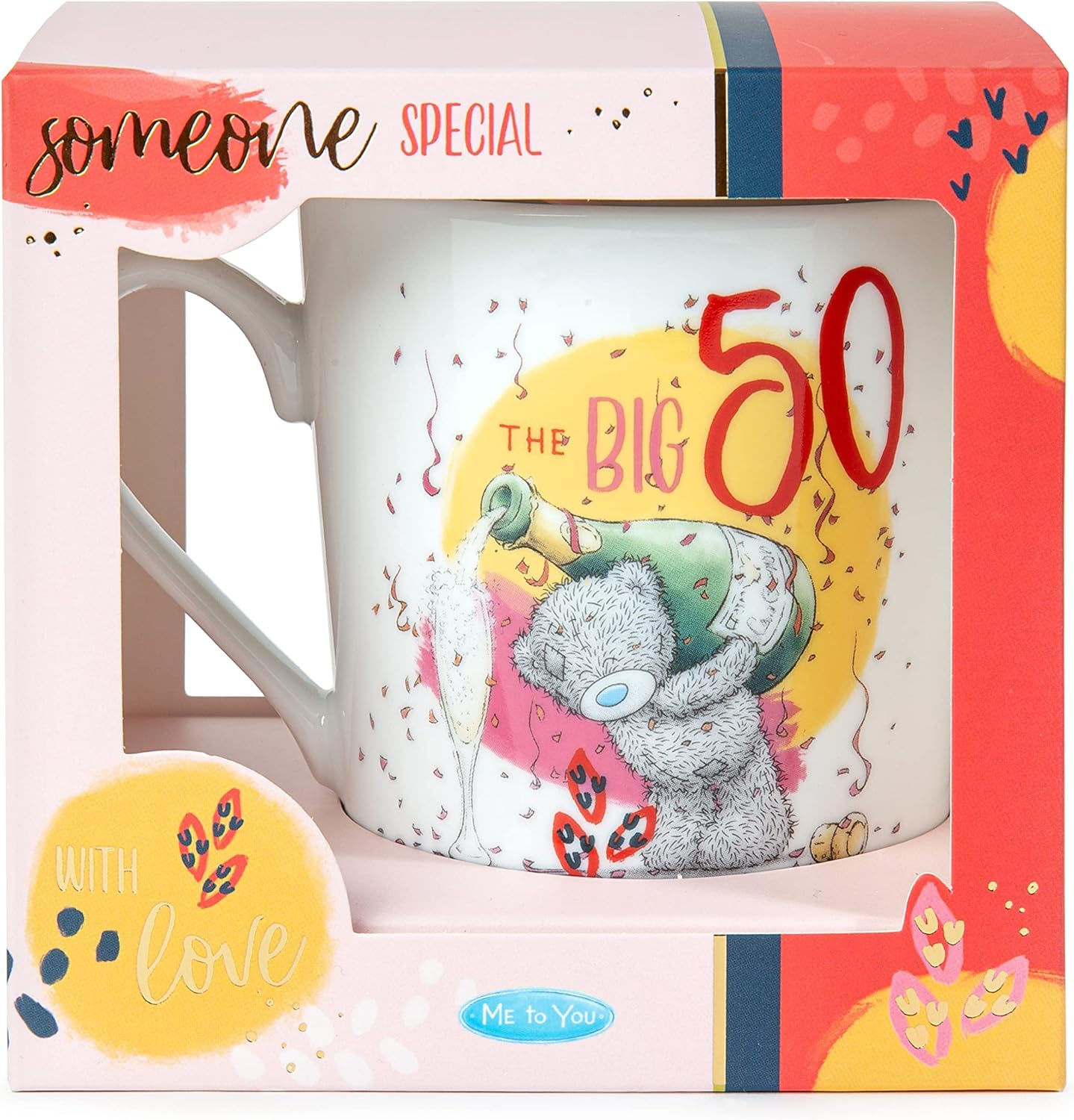 White ceramic Me To You Bear 50th Birthday boxed mug by Carte Blanche, featuring a cute bear design and celebratory details.