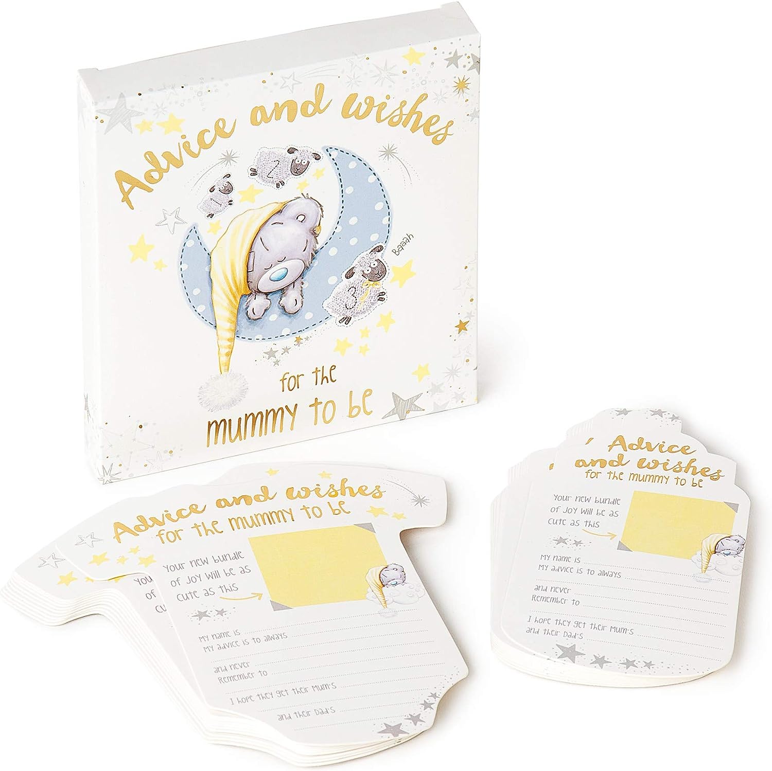 Carte Blanche Tiny Tatty Teddy baby shower prediction and advice cards for party decor and guest keepsakes.