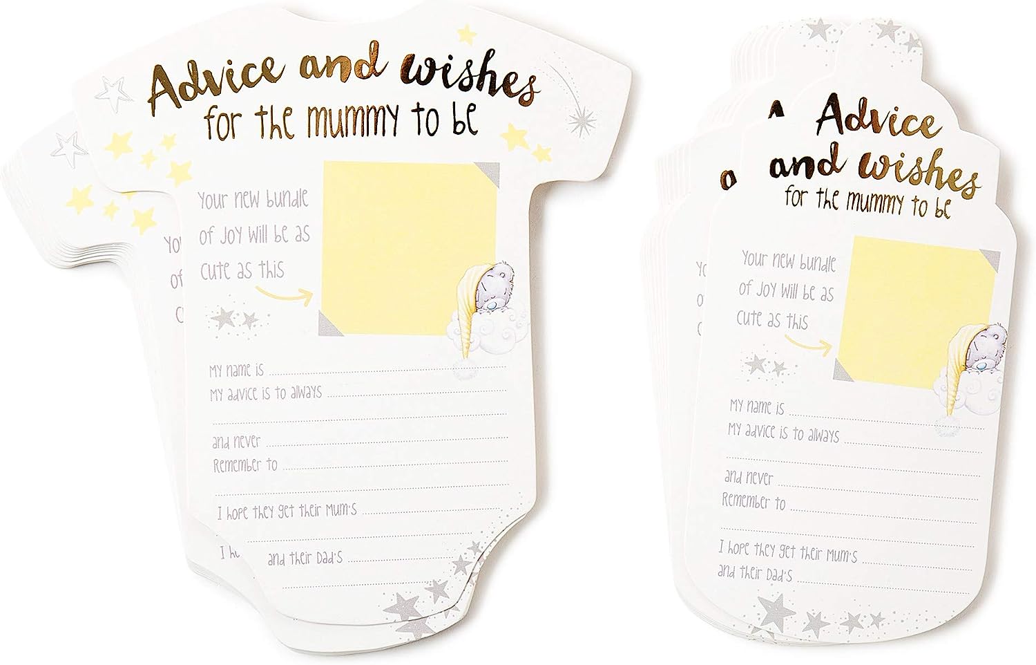 Set of Carte Blanche Tiny Tatty Teddy baby shower prediction and advice cards with cute teddy illustrations for party guests.