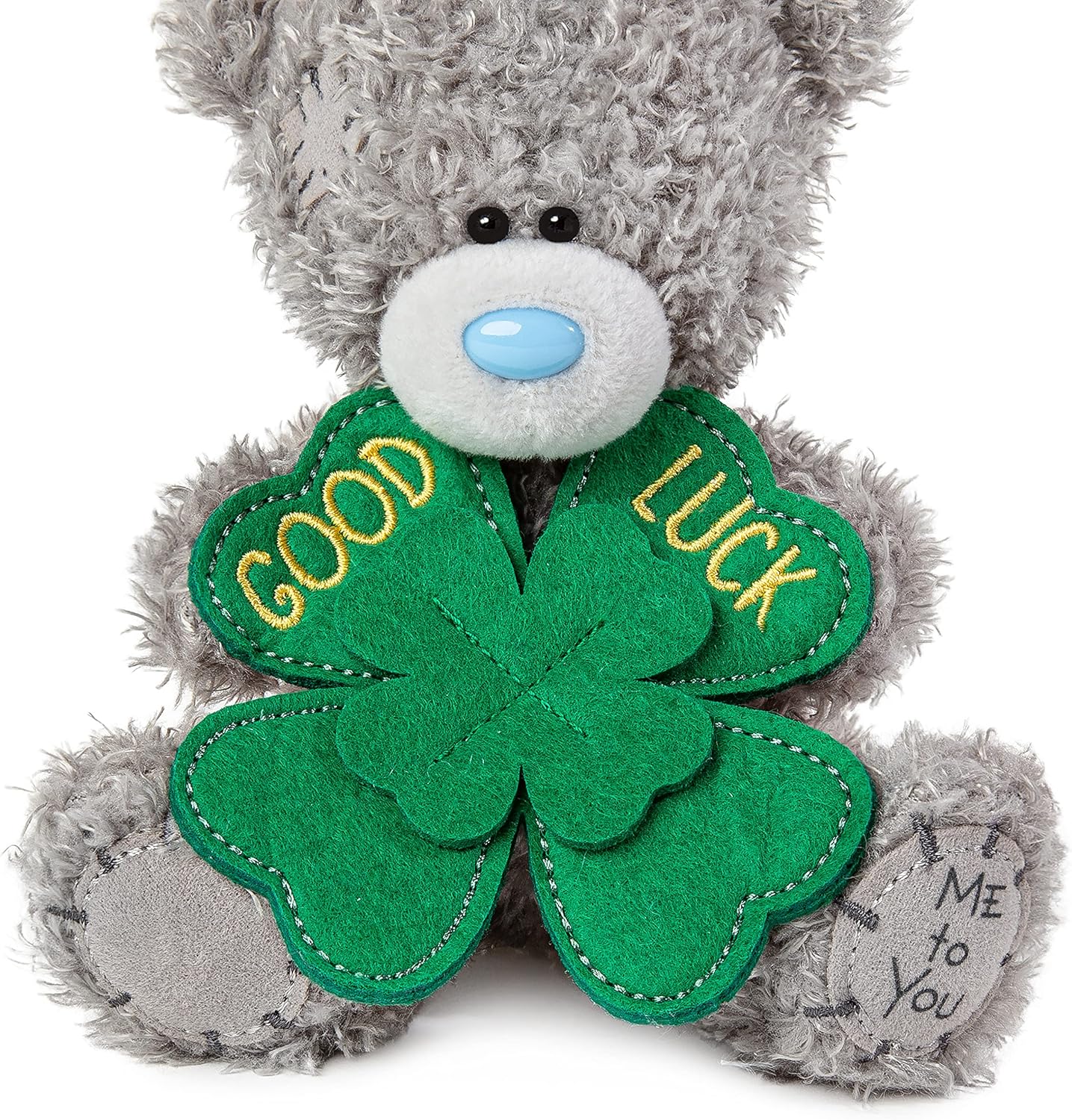 Carte Blanche M5 Good Luck Clover plush soft toy with green fabric and stitched clover design, perfect for comfort and good fortune.