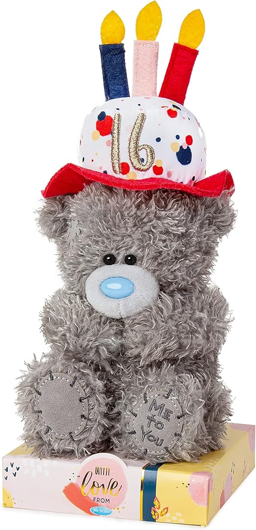 Gray Carte Blanche Me to You Bear soft toy, 7-inch 16th birthday bear wearing a hat, plush and cuddly for special celebrations