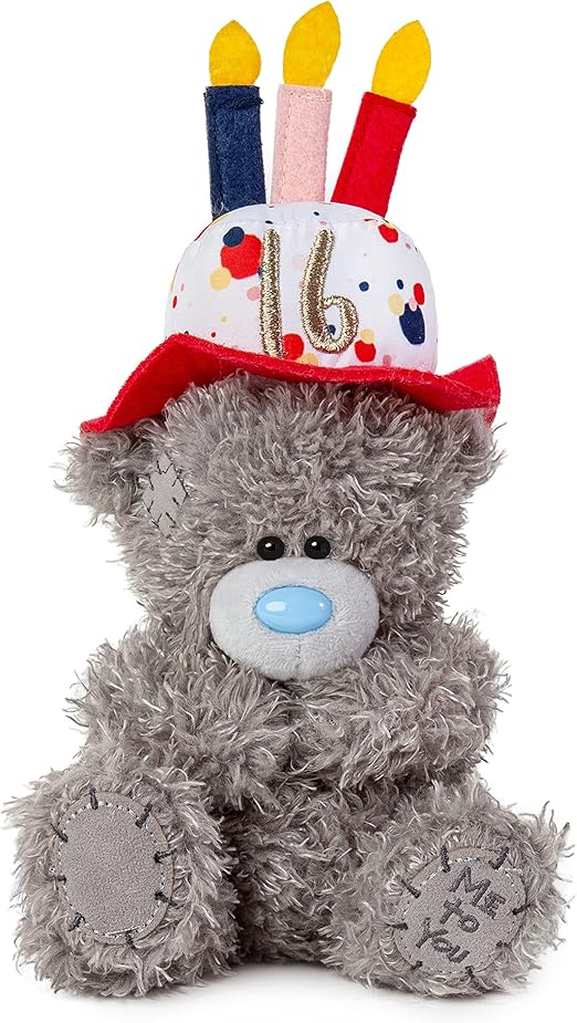 Gray Carte Blanche Me to You Bear soft toy, 7-inch 16th birthday bear wearing a hat, cuddly plush gift for special occasions