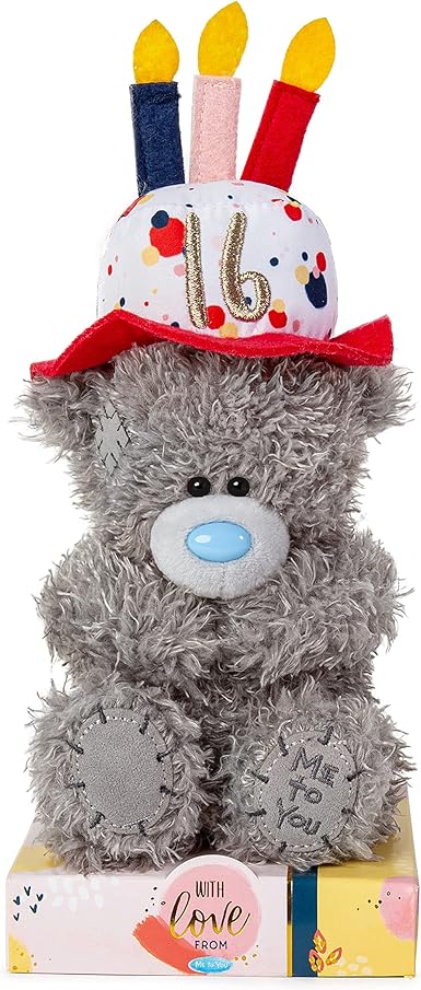 Gray Carte Blanche Me to You Bear 7-inch soft toy wearing a birthday hat, celebrating a 16th birthday.
